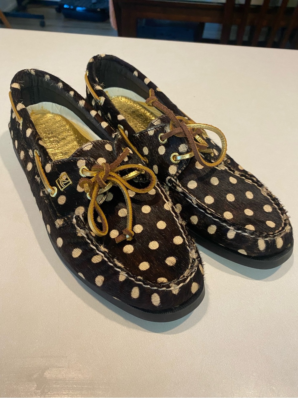 SPERRY CALF HAIR POLKA DOT LOAFER LACE UP BOAT SHOES GOLD BROWN WOMENS SZ 11